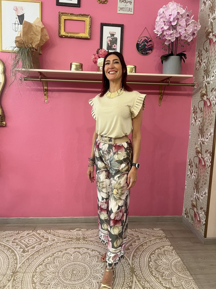 Pantalone raso fiori base verde
