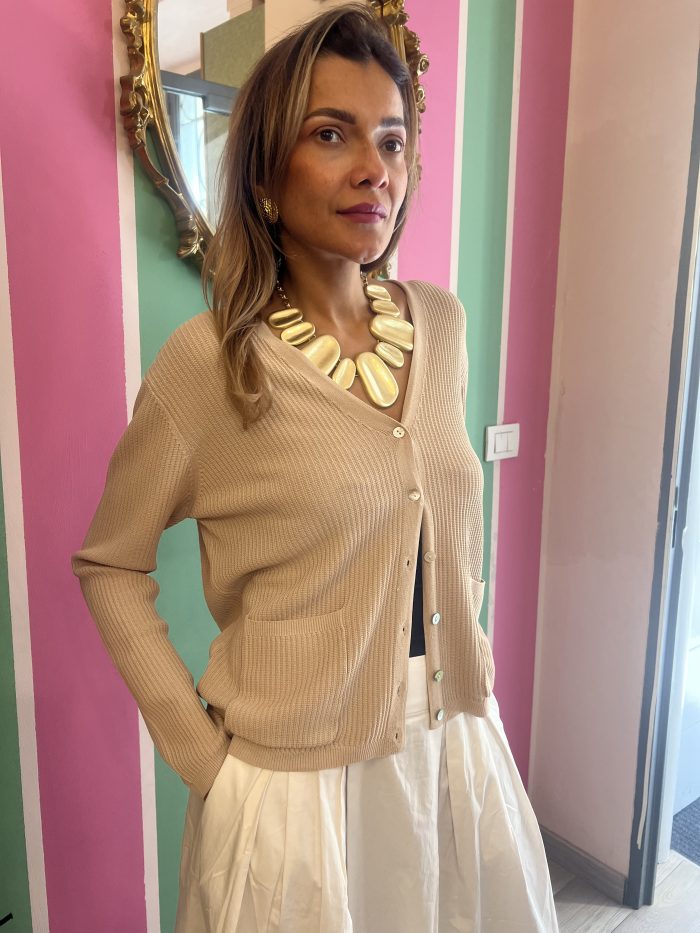 Cardigan bottone perla beige