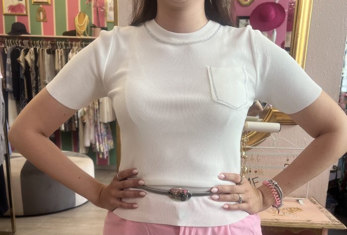 Maglia tasca strass bianca